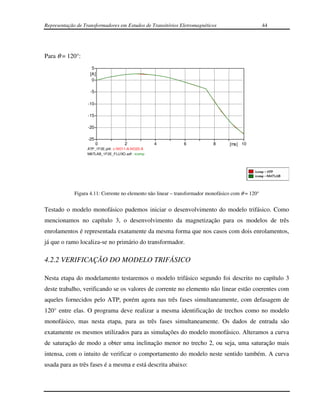 Representação de Transformadores em Estudos de Transitórios Eletromagnéticos                        44




Para θ = 120°:
                     5
                    [A]
                     0

                    -5

                   -10

                   -15

                   -20

                   -25
                         0           2             4          6             8      [ms] 10
                   ATP_1F2E.pl4: c:NO11-A-NO22-A
                   MATLAB_1F2E_FLUXO.adf : icomp




             Figura 4.11: Corrente no elemento não linear – transformador monofásico com θ = 120°


Testado o modelo monofásico pudemos iniciar o desenvolvimento do modelo trifásico. Como
mencionamos no capítulo 3, o desenvolvimento da magnetização para os modelos de três
enrolamentos é representada exatamente da mesma forma que nos casos com dois enrolamentos,
já que o ramo localiza-se no primário do transformador.

4.2.2 VERIFICAÇÃO DO MODELO TRIFÁSICO

Nesta etapa do modelamento testaremos o modelo trifásico segundo foi descrito no capítulo 3
deste trabalho, verificando se os valores de corrente no elemento não linear estão coerentes com
aqueles fornecidos pelo ATP, porém agora nas três fases simultaneamente, com defasagem de
120° entre elas. O programa deve realizar a mesma identificação de trechos como no modelo
monofásico, mas nesta etapa, para as três fases simultaneamente. Os dados de entrada são
exatamente os mesmos utilizados para as simulações do modelo monofásico. Alteramos a curva
de saturação de modo a obter uma inclinação menor no trecho 2, ou seja, uma saturação mais
intensa, com o intuito de verificar o comportamento do modelo neste sentido também. A curva
usada para as três fases é a mesma e está descrita abaixo:
 