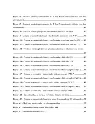 Figura 4.6 – Ondas de tensão dos enrolamentos 1 e 2 fase B (transformador trifásico com dois
enrolamentos) ................................................................................................................................40

Figura 4.7 – Ondas de tensão dos enrolamentos 1 e 2 fase C (transformador trifásico com dois
enrolamentos) ................................................................................................................................41

Figura 4.8 – Tensão de alimentação aplicada diretamente à indutância não linear.......................42

Figura 4.9 – Corrente no elemento não linear – transformador monofásico com θ = 0° ..............43

Figura 4.10 – Corrente no elemento não linear – transformador monofásico com θ = -120°.......43

Figura 4.11 – Corrente no elemento não linear – transformador monofásico com θ = 120° ........44

Figura 4.12 – Tensão de alimentação trifásica aplicada diretamente às indutâncias não lineares

.......................................................................................................................................................45

Figura 4.13 – Corrente no elemento não linear – transformador trifásico FASE A......................45

Figura 4.14 – Corrente no elemento não linear – transformador trifásico FASE B ......................46

Figura 4.15 – Corrente no elemento não linear – transformador trifásico FASE C ......................46

Figura 4.16 – Corrente no elemento não linear – transformador trifásico completo FASE A......48

Figura 4.17 – Corrente no secundário – transformador trifásico completo FASE A ....................48

Figura 4.18 – Corrente no elemento não linear – transformador trifásico completo FASE B ......49

Figura 4.19 – Corrente no secundário – transformador trifásico completo FASE B ....................49

Figura 4.20 – Corrente no elemento não linear – transformador trifásico completo FASE C ......50

Figura 4.21 – Corrente no secundário – transformador trifásico completo FASE C ....................50

Figura 4.22 – Descontinuidade na curva de corrente no elemento não linear...............................51

Figura 4.23 – Corrente no elemento não linear com tempo de simulação de 100 milisegundos ..52

Figura A.1 – Modelo do transformador em valores por unidade ..................................................57

Figura A.2 – Componente Transformador Saturável do ATP.......................................................58

Figura A.3 – Componente monofásica do STC.............................................................................59
 