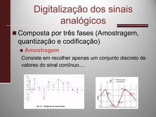 Digitalização dos sinais analógicosComposta por três fases (Amostragem, quantização e codificação)AmostragemConsiste em recolher apenas um conjunto discreto de valores do sinal contínuo…