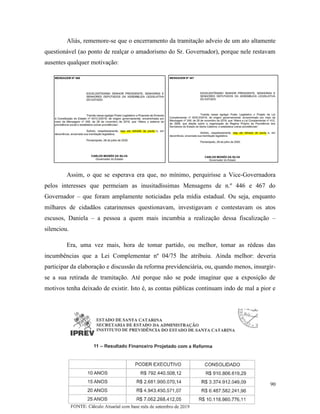 90
Aliás, rememore-se que o encerramento da tramitação adveio de um ato altamente
questionável (ao ponto de realçar o amadorismo do Sr. Governador), porque nele restavam
ausentes qualquer motivação:
Assim, o que se esperava era que, no mínimo, perquirisse a Vice-Governadora
pelos interesses que permeiam as inusitadíssimas Mensagens de n.º 446 e 467 do
Governador – que foram amplamente noticiadas pela mídia estadual. Ou seja, enquanto
milhares de cidadãos catarinenses questionavam, investigavam e contestavam os atos
escusos, Daniela – a pessoa a quem mais incumbia a realização dessa fiscalização –
silenciou.
Era, uma vez mais, hora de tomar partido, ou melhor, tomar as rédeas das
incumbências que a Lei Complementar nº 04/75 lhe atribuiu. Ainda melhor: deveria
participar da elaboração e discussão da reforma previdenciária, ou, quando menos, insurgir-
se a sua retirada de tramitação. Até porque não se pode imaginar que a exposição de
motivos tenha deixado de existir. Isto é, as contas públicas continuam indo de mal a pior e
 