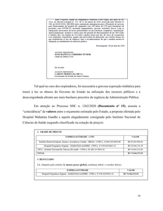 34
Tal qual no caso dos respiradores, foi necessária a gravosa exposição midiática para
trazer à luz os abusos do Governo do Estado na utilização dos recursos públicos e a
desavergonhada afronta aos mais basilares preceitos de regência da Administração Pública.
Em atenção ao Processo SDC n. 1262/2020 (Documento nº 15), assusta a
“coincidência” de valores entre o orçamento estimado pelo Estado, a proposta ofertada pelo
Hospital Mahatma Gandhi e aquela alegadamente consignada pelo Instituto Nacional de
Ciências da Saúde (segundo classificado na cotação de preços):
 