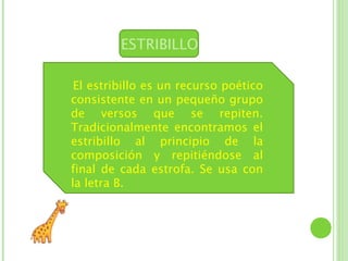 ESTRIBILLO

 El estribillo es un recurso poético
consistente en un pequeño grupo
de versos que se repiten.
Tradicionalmente encontramos el
estribillo al principio de la
composición y repitiéndose al
final de cada estrofa. Se usa con
la letra B.
 