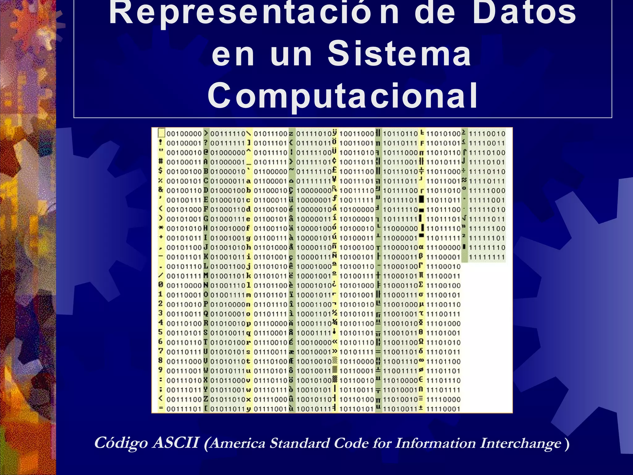 Representación de Datos en un Sistema Computacional Código ASCII ( America Standard Code for Information Interchange  ) 