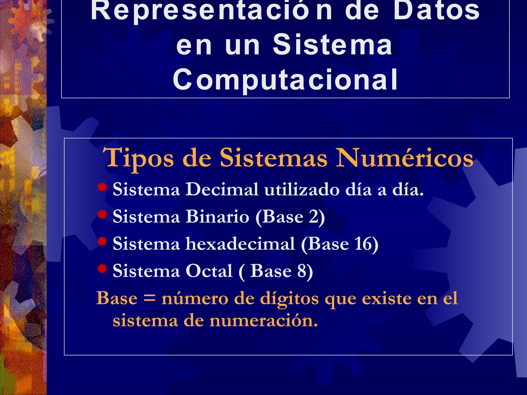 Representación de Datos en un Sistema Computacional Tipos de Sistemas Numéricos Sistema Decimal utilizado día a día. Sistema Binario (Base 2) Sistema hexadecimal (Base 16) Sistema Octal ( Base 8) Base = número de dígitos que existe en el sistema de numeración. 