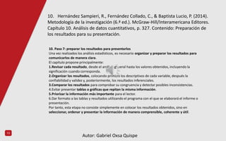 13
10. Paso 7: preparar los resultados para presentarlos
Una vez realizados los análisis estadísticos, es necesario organizar y preparar los resultados para
comunicarlos de manera clara.
El capitulo propone principalmente:
1.Revisar cada resultado, desde el análisis general hasta los valores obtenidos, incluyendo la
significación cuando corresponda.
2.Organizar los resultados, colocando primero los descriptivos de cada variable, después la
confiabilidad y validez y, posteriormente, los resultados inferenciales.
3.Comparar los resultados para comprobar su congruencia y detectar posibles inconsistencias.
4.Evitar presentar tablas o gráficas que repitan la misma información.
5.Priorizar la información más importante para el lector.
6.Dar formato a las tablas y resultados utilizando el programa con el que se elaborará el informe o
presentación.
Por tanto, esta etapa no consiste simplemente en colocar los resultados obtenidos, sino en
seleccionar, ordenar y presentar la información de manera comprensible, coherente y útil.
10. Hernández Sampieri, R., Fernández Collado, C., & Baptista Lucio, P. (2014).
Metodología de la investigación (6.ª ed.). McGraw-Hill/Interamericana Editores.
Capítulo 10. Análisis de datos cuantitativos, p. 327. Contenido: Preparación de
los resultados para su presentación.
Autor: Gabriel Oxsa Quispe
 