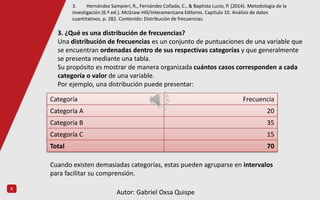 6
3. ¿Qué es una distribución de frecuencias?
Una distribución de frecuencias es un conjunto de puntuaciones de una variable que
se encuentran ordenadas dentro de sus respectivas categorías y que generalmente
se presenta mediante una tabla.
Su propósito es mostrar de manera organizada cuántos casos corresponden a cada
categoría o valor de una variable.
Por ejemplo, una distribución puede presentar:
Categoría Frecuencia
Categoría A 20
Categoría B 35
Categoría C 15
Total 70
Cuando existen demasiadas categorías, estas pueden agruparse en intervalos
para facilitar su comprensión.
3. Hernández Sampieri, R., Fernández Collado, C., & Baptista Lucio, P. (2014). Metodología de la
investigación (6.ª ed.). McGraw-Hill/Interamericana Editores. Capítulo 10. Análisis de datos
cuantitativos, p. 282. Contenido: Distribución de frecuencias.
Autor: Gabriel Oxsa Quispe
 