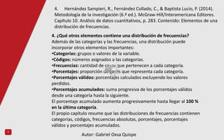 7
4. ¿Qué otros elementos contiene una distribución de frecuencias?
Además de las categorías y las frecuencias, una distribución puede
incorporar otros elementos importantes:
•Categorías: grupos o valores de la variable.
•Códigos: números asignados a las categorías.
•Frecuencias: cantidad de casos que pertenecen a cada categoría.
•Porcentajes: proporción de casos que representa cada categoría.
•Porcentajes válidos: porcentajes calculados excluyendo los valores
perdidos.
•Porcentajes acumulados: suma progresiva de los porcentajes válidos
desde una categoría hasta la siguiente.
El porcentaje acumulado aumenta progresivamente hasta llegar al 100 %
en la última categoría.
El propio capítulo resume que las distribuciones de frecuencias contienen
categorías, códigos, frecuencias absolutas, porcentajes, porcentajes
válidos y porcentajes acumulados.
4. Hernández Sampieri, R., Fernández Collado, C., & Baptista Lucio, P. (2014).
Metodología de la investigación (6.ª ed.). McGraw-Hill/Interamericana Editores.
Capítulo 10. Análisis de datos cuantitativos, p. 283. Contenido: Elementos de una
distribución de frecuencias.
Autor: Gabriel Oxsa Quispe
 