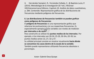9
6. Las distribuciones de frecuencias también se pueden graficar
como polígonos de frecuencias
El polígono de frecuencias es una representación gráfica que
relaciona las puntuaciones con sus respectivas frecuencias. Es
especialmente apropiado para variables con niveles de medición
por intervalos o de razón.
Para construirlo se utilizan los puntos medios de los intervalos. Por
ejemplo, si los intervalos son 20-24, 25-29, 30-34 y 35-39, los
puntos medios serían 22, 27, 32 y 37.
Su utilidad principal consiste en mostrar visualmente hacia dónde
se concentran los casos dentro de la escala de la variable.
También puede representarse utilizando frecuencias absolutas o
porcentajes.
6. Hernández Sampieri, R., Fernández Collado, C., & Baptista Lucio, P.
(2014). Metodología de la investigación (6.ª ed.). McGraw-
Hill/Interamericana Editores. Capítulo 10. Análisis de datos cuantitativos,
p. 284. Contenido: Representación gráfica de las distribuciones de
frecuencias mediante polígonos de frecuencias.
Autor: Gabriel Oxsa Quispe
 