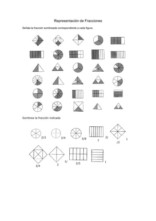 Representación de Fracciones
Señala la fracción sombreada correspondiente a cada figura.




Sombrea la fracción indicada




                 2/3            3/4                               2/
                                                  5/8                       1
                                                              7
                                                                       /2




                                   1/                             1
                            2               2/5
           3/4
 