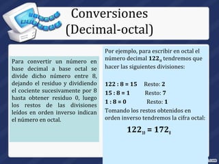 Para convertir un número en
base decimal a base octal se
divide dicho número entre 8,
dejando el residuo y dividiendo
el cociente sucesivamente por 8
hasta obtener residuo 0, luego
los restos de las divisiones
leídos en orden inverso indican
el número en octal.
Por ejemplo, para escribir en octal el
número decimal 12210 tendremos que
hacer las siguientes divisiones:
122 : 8 = 15 Resto: 2
15 : 8 = 1 Resto: 7
1 : 8 = 0 Resto: 1
Tomando los restos obtenidos en
orden inverso tendremos la cifra octal:
12210 = 1728
Conversiones
(Decimal-octal)
 