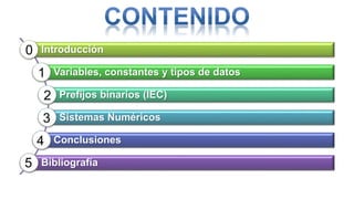 Introducción
Variables, constantes y tipos de datos
Prefijos binarios (IEC)
Sistemas Numéricos
Conclusiones
Bibliografía
0
1
2
3
4
5
 