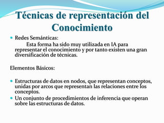 Técnicas de representación del
Conocimiento
 Redes Semánticas:
Esta forma ha sido muy utilizada en IA para
representar el conocimiento y por tanto existen una gran
diversificación de técnicas.
Elementos Básicos:
 Estructuras de datos en nodos, que representan conceptos,
unidas por arcos que representan las relaciones entre los
conceptos.
 Un conjunto de procedimientos de inferencia que operan
sobre las estructuras de datos.
 