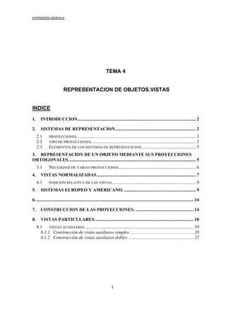 EXPRESIÓN GRÁFICA
1
TEMA 4
REPRESENTACION DE OBJETOS.VISTAS
INDICE
1. INTRODUCCION........................................................................................................ 2
2. SISTEMAS DE REPRESENTACION....................................................................... 2
2.1 PROYECCIONES......................................................................................................... 3
2.2 TIPO DE PROYECCIONES............................................................................................ 3
2.3 ELEMENTOS DE LOS SISTEMAS DE REPRESENTACION................................................ 5
3. REPRESENTACION DE UN OBJETO MEDIANTE SUS PROYECCIONES
ORTOGONALES................................................................................................................ 5
3.1 NECESIDAD DE VARIAS PROYECCIONES.................................................................... 6
4. VISTAS NORMALIZADAS....................................................................................... 7
4.1 POSICION RELATIVA DE LAS VISTAS.......................................................................... 9
5. SISTEMAS EUROPEO Y AMERICANO. ............................................................... 9
6. .......................................................................................................................................... 14
7. CONSTRUCCION DE LAS PROYECCIONES. ................................................... 14
8. VISTAS PARTICULARES....................................................................................... 18
8.1 VISTAS AUXILIARES................................................................................................ 19
8.1.1 Construcción de vistas auxiliares simples. ....................................................... 20
8.1.2 Construcción de vistas auxiliares dobles.......................................................... 22
 