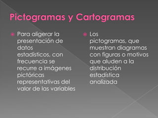    Para aligerar la            Los
    presentación de              pictogramas, que
    datos                        muestran diagramas
    estadísticos, con            con figuras o motivos
    frecuencia se                que aluden a la
    recurre a imágenes           distribución
    pictóricas                   estadística
    representativas del          analizada
    valor de las variables
 