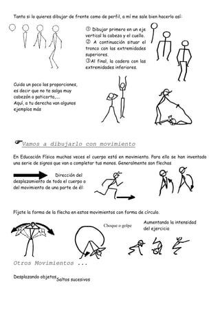 Tanto si lo quieres dibujar de frente como de perfil, a mí me sale bien hacerlo así:

                                    Dibujar primero en un eje
                                   vertical la cabeza y el cuello.
                                    A continuación situar el
                                   tronco con las extremidades
                                   superiores.
                                   Al  final, la cadera con las
                                   extremidades inferiores.


Cuida un poco las proporciones,
es decir que no te salga muy
cabezón o paticorto,....
Aquí, a tu derecha van algunos
ejemplos más




Vamos        a dibujarlo con movimiento

En Educación Física muchas veces el cuerpo está en movimiento. Para ello se han inventado
una serie de signos que van a completar tus monos. Generalmente son flechas

                    Dirección del
desplazamiento de todo el cuerpo o
del movimiento de una parte de él:




Fíjate la forma de la flecha en estos movimientos con forma de círculo.

                                                                Aumentando la intensidad
                                            Choque o golpe
                                                                del ejercicio




Otros Movimientos ...

Desplazando objetos
                   Saltos sucesivos
 