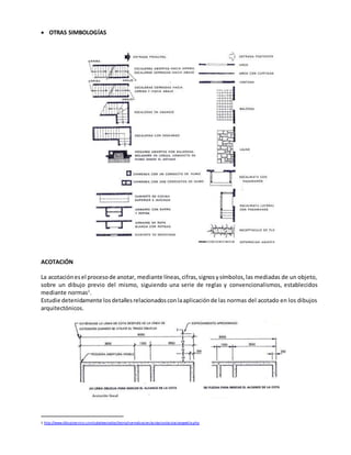  OTRAS SIMBOLOGÍAS
ACOTACIÓN
La acotaciónesel procesode anotar, mediante líneas,cifras,signosysímbolos,las mediadas de un objeto,
sobre un dibujo previo del mismo, siguiendo una serie de reglas y convencionalismos, establecidos
mediante normas1
.
Estudie detenidamente losdetallesrelacionadosconlaaplicaciónde las normas del acotado en los dibujos
arquitectónicos.
1 http://www.dibujotecnico.com/saladeestudios/teoria/normalizacion/acotacion/acotaciongeelcla.php
 