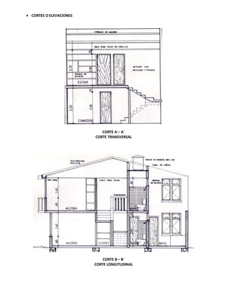  CORTES O ELEVACIONES
CORTE A – A´
CORTE TRANSVERSAL
CORTE B – B´
CORTE LONGITUDINAL
 