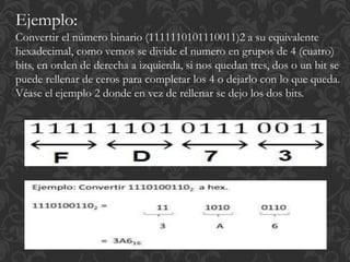 Ejemplo:
Convertir el número binario (1111110101110011)2 a su equivalente
hexadecimal, como vemos se divide el numero en grupos de 4 (cuatro)
bits, en orden de derecha a izquierda, si nos quedan tres, dos o un bit se
puede rellenar de ceros para completar los 4 o dejarlo con lo que queda.
Véase el ejemplo 2 donde en vez de rellenar se dejo los dos bits.
 