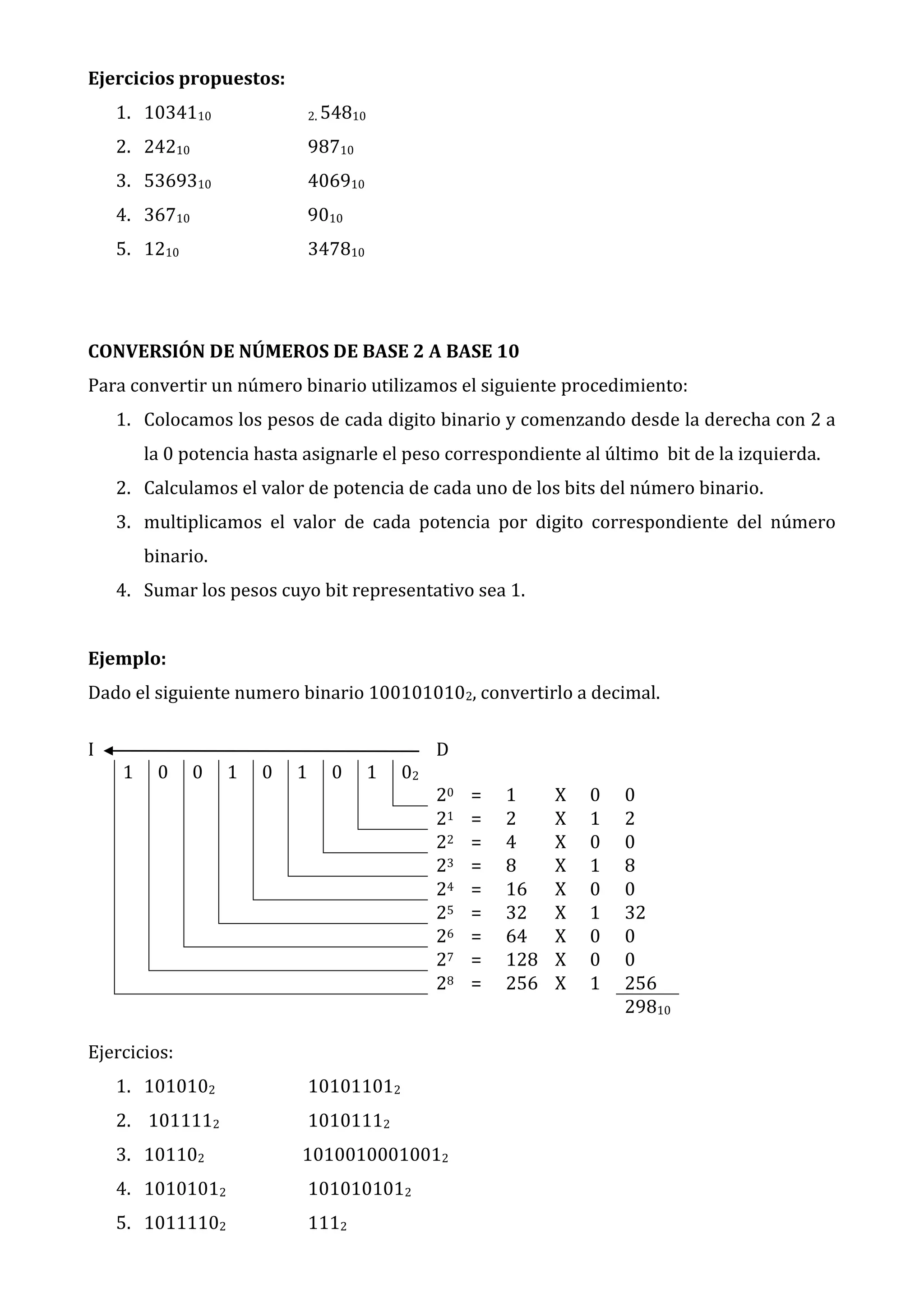 Ejercicios propuestos:
1. 1034110

2. 54810

2. 24210

98710

3. 5369310

406910

4. 36710

9010

5. 1210

347810

CONVERSIÓN DE NÚMEROS DE BASE 2 A BASE 10
Para convertir un número binario utilizamos el siguiente procedimiento:
1. Colocamos los pesos de cada digito binario y comenzando desde la derecha con 2 a
la 0 potencia hasta asignarle el peso correspondiente al último bit de la izquierda.
2. Calculamos el valor de potencia de cada uno de los bits del número binario.
3. multiplicamos el valor de cada potencia por digito correspondiente del número
binario.
4. Sumar los pesos cuyo bit representativo sea 1.
Ejemplo:
Dado el siguiente numero binario 1001010102, convertirlo a decimal.
I

D
1

0

0

1

0

1

0

1

02
20
21
22
23
24
25
26
27
28

Ejercicios:
1. 1010102

101011012

2. 1011112

10101112

3. 101102

10100100010012

4. 10101012

1010101012

5. 10111102

1112

=
=
=
=
=
=
=
=
=

1
2
4
8
16
32
64
128
256

X
X
X
X
X
X
X
X
X

0
1
0
1
0
1
0
0
1

0
2
0
8
0
32
0
0
256
29810

 