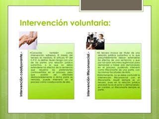 •Conocida
también
como
intervención adhesiva. El interés del
tercero es mediato. El artículo 97 del
C.P.C. lo define: Quien tenga con una
de las partes una relación jurídica
sustantiva, a la que no deba
extenderse los efectos de la sentencia
que
resuelva
las
pretensiones
controvertidas en el proceso, pero
que
pueda
ser
afectada
desfavorablemente si dicha parte es
vencida, puede intervenir en el
proceso como coadyuvante de ella.

Intervención litisconsorcial.-

Intervención coadyuvante.-

Intervención voluntaria:

•El tercero invoca ser titular de una
relación jurídica sustantiva a la que
presumiblemente deban extenderse
los efectos de una sentencia, y que
por tal razón estuviera legitimado para
demandar o haber sido demandado
en el proceso, pudiendo intervenir
como litisconsorte de una parte, con
las mismas facultades de ésta.
•Estrictamente, no se debe confundir la
intervención litisconsorcial con el
litisconsorte. Aquél siempre es un
tercero, pues en la relación jurídica
procesal no es el actor o demandado;
en cambio, un litisconsorte siempre es
parte.

 