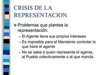 CRISIS DE LA
REPRESENTACION
 Problemas que plantea la
representación:
– El Agente tiene sus propios intereses
– Es imposible para el Mandante controlar lo
que hace el agente
– No se sabe a quien representa el agente,
al Pueblo colectivamente o al que manda.
 