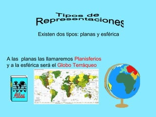 Existen dos tipos: planas y esférica
A las planas las llamaremos Planisferios
y a la esférica será el Globo Terráqueo
 