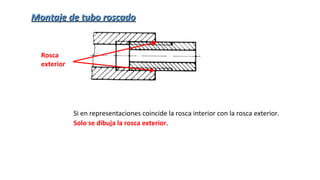 Si en representaciones coincide la rosca interior con la rosca exterior.
Solo se dibuja la rosca exterior.
Rosca
exterior
Montaje de tubo roscadoMontaje de tubo roscado
 