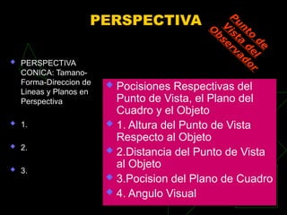 PERSPECTIVA
 PERSPECTIVA
CONICA: Tamano-
Forma-Direccion de
Lineas y Planos en
Perspectiva
 1.
 2.
 3.
 Pocisiones Respectivas del
Punto de Vista, el Plano del
Cuadro y el Objeto
 1. Altura del Punto de Vista
Respecto al Objeto
 2.Distancia del Punto de Vista
al Objeto
 3.Pocision del Plano de Cuadro
 4. Angulo Visual
Punto
de
V
ista
del
O
bservador
 