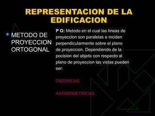 REPRESENTACION DE LA
EDIFICACION
 METODO DE
PROYECCION
ORTOGONAL
P O: Metodo en el cual las lineas de
proyeccion son paralelas e inciden
perpendicularmente sobre el plano
de proyeccion. Dependiendo de la
pocision del objeto con respecto al
plano de proyeccion las vistas pueden
ser:
DIEDRICAS
AXOMOMETRICAS
 