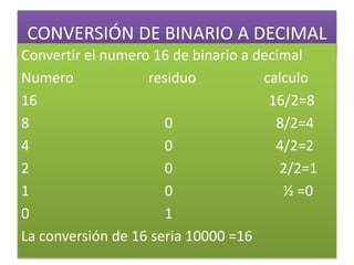 CONVERSIÓN DE BINARIO A DECIMAL
Convertir el numero 16 de binario a decimal
Numero residuo calculo
16 16/2=8
8 0 8/2=4
4 0 4/2=2
2 0 2/2=1
1 0 ½ =0
0 1
La conversión de 16 seria 10000 =16
 