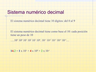 Sistema numérico decimal
El sistema numérico decimal tiene 10 dígitos: del 0 al 9
El sistema numérico decimal tiene como base el 10: cada posición
tiene un peso de 10
….105
104
103
102
101
100
. 10-1
10-2
10-3
10-4
10-5
…
14.2 = 1 x 101
+ 4 x 100
+ 2 x 10-1
 