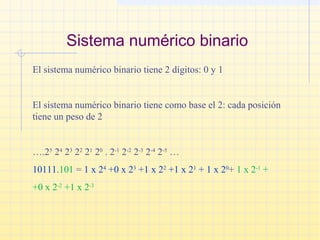 Sistema numérico binario
El sistema numérico binario tiene 2 dígitos: 0 y 1
El sistema numérico binario tiene como base el 2: cada posición
tiene un peso de 2
….25
24
23
22
21
20
. 2-1
2-2
2-3
2-4
2-5
…
10111.101 = 1 x 24
+0 x 23
+1 x 22
+1 x 21
+ 1 x 20
+ 1 x 2-1
+
+0 x 2-2
+1 x 2-3
 