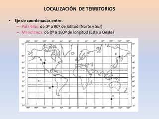 LOCALIZACIÓN DE TERRITORIOS
• Eje de coordenadas entre:
– Paralelos: de 0º a 90º de latitud (Norte y Sur)
– Meridianos: de...