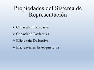 Propiedades del Sistema de
Representación
 Capacidad Expresiva
 Capacidad Deductiva
 Eficiencia Deductiva
 Eficiencia en la Adquisición
 
