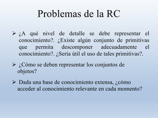 Problemas de la RC
 ¿A qué nivel de detalle se debe representar el
conocimiento?. ¿Existe algún conjunto de primitivas
que permita descomponer adecuadamente el
conocimiento?. ¿Sería útil el uso de tales primitivas?.
 ¿Cómo se deben representar los conjuntos de
objetos?
 Dada una base de conocimiento extensa, ¿cómo
acceder al conocimiento relevante en cada momento?
 