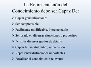 La Representación del
Conocimiento debe ser Capaz De:
 Captar generalizaciones
 Ser comprensible
 Fácilmente modificable, incrementable
 Ser usado en diversas situaciones y propósitos
 Permitir diversos grados de detalle
 Captar la incertidumbre, imprecisión
 Representar distinciones importantes
 Focalizar el conocimiento relevante
 