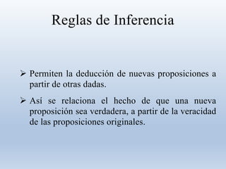Reglas de Inferencia
 Permiten la deducción de nuevas proposiciones a
partir de otras dadas.
 Así se relaciona el hecho de que una nueva
proposición sea verdadera, a partir de la veracidad
de las proposiciones originales.
 
