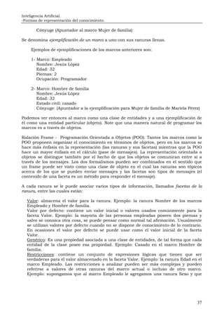 Inteligencia Artificial.
-Formas de representación del conocimiento.
37
Cónyuge (Apuntador al marco Mujer de familia)
Se denomina ejemplificación de un marco a uno con sus ranuras llenas.
Ejemplos de ejemplificaciones de los marcos anteriores son:
1- Marco: Empleado
Nombre: Jesús López
Edad: 32
Piernas: 2
Ocupación: Programador
2- Marco: Hombre de familia
Nombre: Jesús López
Edad: 32
Estado civil: casado
Cónyuge: (Apuntador a la ejemplificación para Mujer de familia de Mariela Pérez)
Podemos ver entonces al marco como una clase de entidades y a una ejemplificación de
él como una entidad particular (objeto). Note que una manera natural de programar los
marcos es a través de objetos.
Ralación Frame - Programación Orientada a Objetos (POO): Tantos los marcos como la
POO proponen organizar el conocimiento en términos de objetos, pero en los marcos se
hace más énfasis en la representación (las ranuras y sus facetas) mientras que la POO
hace un mayor énfasis en el cálculo (pase de mensajes). La representación orientada a
objetos se distingue también por el hecho de que los objetos se comunican entre sí a
través de los mensajes. Los dos formalismos pueden ser combinados en el sentido que
un frame puede ser visto como una clase de objeto en el cual las ranuras son tópicos
acerca de los que se pueden enviar mensajes y las facetas son tipos de mensajes (el
contenido de una faceta es un método para responder el mensaje).
A cada ranura se le puede asociar varios tipos de información, llamados facetas de la
ranura, entre las cuales están:
Valor: almacena el valor para la ranura. Ejemplo: la ranura Nombre de los marcos
Empleado y Hombre de familia.
Valor por defecto: contiene un valor inicial o valores usados comúnmente para la
faceta Valor. Ejemplo: la mayoría de las personas empleadas poseen dos piernas y
salvo se conozca otra cosa, se puede pensar como normal tal afirmación. Usualmente
se utilizan valores por defecto cuando no se dispone de conocimiento de lo contrario.
En ocasiones el valor por defecto se puede usar como el valor inicial de la faceta
Valor.
Genérico: Es una propiedad asociada a una clase de entidades, de tal forma que cada
entidad de la clase posee esa propiedad. Ejemplo: Casado en el marco Hombre de
familia.
Restricciones: contiene un conjunto de expresiones lógicas que tienen que ser
verdaderas para el valor almacenado en la faceta Valor. Ejemplo: la ranura Edad en el
marco Empleado. Las restricciones a analizar pueden ser más complejas y pueden
referirse a valores de otras ranuras del marco actual o incluso de otro marco.
Ejemplo: supongamos que al marco Empleado le agregamos una ranura Sexo y que
 