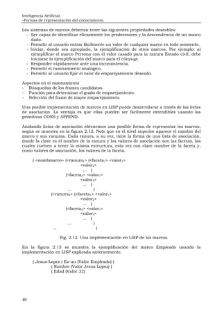 Inteligencia Artificial.
-Formas de representación del conocimiento.
40
Los sistemas de marcos deberían tener las siguientes propiedades deseables:
- Ser capaz de identificar eficazmente los predecesores y la descendencia de un marco
dado.
- Permitir al usuario entrar fácilmente un valor de cualquier marco en todo momento.
- Iniciar, donde sea apropiado, la ejemplificación de otros marcos. Por ejemplo: al
ejemplificar el marco Persona con el valor casado para la ranura Estado civil, debe
iniciarse la ejemplificación del marco para el cónyuge.
- Responder rápidamente ante una inconsistencia.
- Permitir el razonamiento analógico.
- Permitir al usuario fijar el valor de emparejamiento deseado.
Aspectos en el razonamiento
- Búsquedas de los frames candidatos.
- Función para determinar el grado de emparejamiento.
- Selección del frame de mayor emparejamiento.
Una posible implementación de marcos en LISP puede desarrollarse a través de las listas
de asociación. La ventaja es que ellas pueden ser fácilmente extendibles usando las
primitivas CONS y APPEND.
Anidando listas de asociación obtenemos una posible forma de representar los marcos,
según se muestra en la figura 2.12. Note que en el nivel superior aparece el nombre del
marco y sus ranuras. Cada ranura, a su vez, tiene la forma de una lista de asociación,
donde la clave es el nombre de la ranura y los valores de asociación son las facetas, las
cuales vuelven a tener la misma estructura, esta vez con clave nombre de la faceta y,
como valores de asociación, los valores de la faceta.
( <nombmarco> (<ranura1> (<faceta1> <valor1>
<valor2>
... )
(<faceta2> <valor1>
<valor2>
... )
... )
(<ranura2> (<faceta1> <valor1>
<valor2>
... )
(<faceta2> <valor1>
<valor2>
... )
... )
... )
Fig. 2.12. Una implementación en LISP de los marcos.
En la figura 2.13 se muestra la ejemplificación del marco Empleado usando la
implementación en LISP explicada anteriormente.
( Jesus-Lopez ( Es-un (Valor Empleado) )
( Nombre (Valor Jesus Lopez) )
( Edad (Valor 32)
 