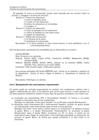 Inteligencia Artificial.
-Formas de representación del conocimiento.
45
El episodio “C entra al restaurante” puede estar formado por los eventos “abrir la
puerta” y “dirigirse a la línea de servicio”.
Escena 2: “Tomar los alimentos”
- C toma la bandeja vacía.
- C le pide a D los alimentos.
- D coloca los alimentos en la bandeja.
- C le paga a J.
Escena 3: “Comer los alimentos”
- C toma la bandeja con los alimentos.
- C coloca la bandeja en una mesa vacía.
- C ingiere los alimentos.
Escena 4: “Salida del restaurante”
- C se levanta de la mesa.
- C abandona el restaurante.
Resultados: C no tiene hambre, C tiene menos dinero, C está satisfecho o no, C
está demasiado lleno.
Otro Script puede representar las actividades que se desarrollan en el metro.
GUIÓN METRO
Sitio: El metro y su contorno.
Sujetos: Patrón (PAT), Cajero (CAJ), Conductor (COND), Maquinista (MAQ),
Pasajero (PAS).
Objetos: Moneda (MON), Boletín (BOL), Asiento en la estación (ASIE), Coche
(COCH), Tren, Asiento en el coche (ASIC).
Condición: PAS necesita viajar o PAS quiere pasear.
Las escenas pricipales del Script $METRO son: "entrar en la estación y esperar en
la plataforma", "entrar al tren y llegar al destino" y "abandonar la estación de
destino".
Resultados: PAS llegó a su destino.
2.6.4. Manipulación del conocimiento representado.
Un guión puede ser activado emparejando su nombre, sus condiciones, objetos, sitio o
alguna combinación de ellos. A los guiones que sirven para invocar a otros guiones se
les llama guiones iniciadores. Existen cuatro tipos de guiones iniciadores, los cuales son:
a) invocación por precondición (PH o Precondition Header): se invoca a un guión
cuando se menciona una de sus condiciones.
Ejemplo: La expresión “Juan tiene hambre” es un PH para el guión Restaurante.
b) invocación como instrumento (IH o Instrumental Header): cuando un guión puede
ser interpretado como instrumento para invocar a otros guiones.
Ejemplo: Del texto “Juan tomó el metro para ir al restaurante” se podrían invocar
el guión Metro o el guión Restaurante. Primeramente se invocaría al guión
Restaurante, pues el guión Metro constituye un IH, es decir, el metro es un
instrumento para llegar al restaurante. Una estrategia apropiada es almacenar un
puntero al guión Metro, de forma que pueda accederse a él más tarde si es
necesario.
 