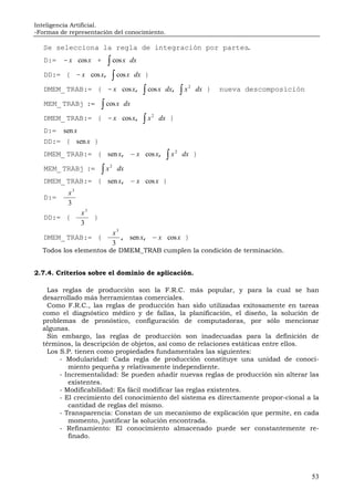 Inteligencia Artificial.
-Formas de representación del conocimiento.
53
Se selecciona la regla de integración por partes
D:= -
DD:= { -
-
MEM_ TRAB :
MEM_ TRAB :
.
+
, }
DMEM_ TRAB:= { , , } nueva descomposición
DMEM_ TRAB:= { - , }
D:=
DD:= { }
DMEM_ TRAB:= { , , }
DMEM_ TRAB:= { , }
D:=
DD:= {
x x x dx
x x x dx
x x x dx x dx
x dx
x x x dx
x
x
x x x x dx
x dx
x x x
x
x
cos cos
cos cos
cos cos
cos
cos
sen
sen
sen cos
sen cos
∫
∫
∫ ∫
∫
∫
∫
∫
=
−
=
−
2
2
2
2
3
3
j
j
3
3
3
3
}
DMEM_ TRAB:= { , , }
x
x x xsen cos−
Todos los elementos de DMEM_TRAB cumplen la condición de terminación.
2.7.4. Criterios sobre el dominio de aplicación.
Las reglas de producción son la F.R.C. más popular, y para la cual se han
desarrollado más herramientas comerciales.
Como F.R.C., las reglas de producción han sido utilizadas exitosamente en tareas
como el diagnóstico médico y de fallas, la planificación, el diseño, la solución de
problemas de pronóstico, configuración de computadoras, por sólo mencionar
algunas.
Sin embargo, las reglas de producción son inadecuadas para la definición de
términos, la descripción de objetos, así como de relaciones estáticas entre ellos.
Los S.P. tienen como propiedades fundamentales las siguientes:
- Modularidad: Cada regla de producción constituye una unidad de conoci-
miento pequeña y relativamente independiente.
- Incrementalidad: Se pueden añadir nuevas reglas de producción sin alterar las
existentes.
- Modificabilidad: Es fácil modificar las reglas existentes.
- El crecimiento del conocimiento del sistema es directamente propor-cional a la
cantidad de reglas del mismo.
- Transparencia: Constan de un mecanismo de explicación que permite, en cada
momento, justificar la solución encontrada.
- Refinamiento: El conocimiento almacenado puede ser constantemente re-
finado.
 