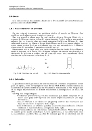 Inteligencia Artificial.
-Formas de representación del conocimiento.
54
2.8. Strips.
Este formalismo fue desarrollado a finales de la década del 60 para el subsistema de
planificación del robot SHAKEY.
2.8.1. Planteamiento de un problema.
En este epígrafe trataremos un problema clásico: el mundo de bloques. Este
problema puede plantearse de la siguiente manera:
Hay una superficie plana sobre la cual pueden colocarse bloques. Existe cierto
número de bloques cúbicos, todos del mismo tamaño. Pueden apilarse uno encima
del otro. Hay un brazo de robot que puede manipular los bloques. El brazo del robot
sólo puede sostener un bloque a la vez. Cada bloque puede tener como máximo un
único bloque encima de él, no entendiendo por esto que no pueda tener 3 bloques:
uno encima del segundo y el segundo encima del tercero.
Supongamos que se tiene sobre una mesa, una distribución inicial de tres bloques,
como se muestra en la figura 2.14. Se desea elaborar un sistema que determine la
secuencia de acciones a realizar por el brazo del robot para transformar dicha
distribución en la mostrada en la figura 2.15.
A
B
A B C C
Fig. 2.14. Distribución inicial Fig. 2.15. Distribución deseada
2.8.2. Definición.
La planificación es la generación de una secuencia de acciones o programa de acción
para un agente, como por ejemplo el brazo de un robot. Estas acciones cambian de
un estado del universo sobre el que se desarrolla la planificación a otro. Al igual que
en las reglas de producción, los STRIPS transforman la descripción de un estado en
otra.
Un strip está compuesto por:
- Condiciones (Precondición): son los enunciados que deben cumplirse en un
estado dado para poder ejecutar una acción expresada mediante una regla
determinada.
- Lista de literales a ser eliminados (Suprimir): contiene los enunciados que
dejan de ser válidos al aplicarse dicha regla.
- Lista de literales a ser añadidos (Añadir): contiene los enunciados que se hacen
válidos en el nuevo estado una vez aplicada dicha regla.
Cualquier enunciado que no esté incluido en las listas Suprimir o Añadir de un strip
se supone que no queda afectado por él. Esto significa que, al especificar cada strip,
no necesitamos considerar los aspectos del dominio que no se relacionan con él.
 