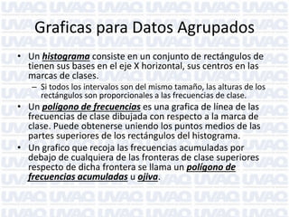 Graficas para Datos Agrupados
• Un histograma consiste en un conjunto de rectángulos de
tienen sus bases en el eje X horizontal, sus centros en las
marcas de clases.
– Si todos los intervalos son del mismo tamaño, las alturas de los
rectángulos son proporcionales a las frecuencias de clase.
• Un polígono de frecuencias es una grafica de línea de las
frecuencias de clase dibujada con respecto a la marca de
clase. Puede obtenerse uniendo los puntos medios de las
partes superiores de los rectángulos del histograma.
• Un grafico que recoja las frecuencias acumuladas por
debajo de cualquiera de las fronteras de clase superiores
respecto de dicha frontera se llama un polígono de
frecuencias acumuladas u ojiva.
 