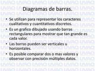 Diagramas de barras.
• Se utilizan para representar los caracteres
cualitativos y cuantitativos discretos.
• Es un grafico dibujado usando barras
rectangulares para mostrar que tan grande es
cada valor.
• Las barras pueden ser verticales u
horizontales.
• Es posible comparar dos o mas valores y
observar con precisión múltiples datos.
 