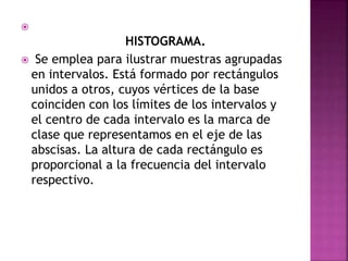 
HISTOGRAMA.
 Se emplea para ilustrar muestras agrupadas
en intervalos. Está formado por rectángulos
unidos a otros, cuyos vértices de la base
coinciden con los límites de los intervalos y
el centro de cada intervalo es la marca de
clase que representamos en el eje de las
abscisas. La altura de cada rectángulo es
proporcional a la frecuencia del intervalo
respectivo.
 