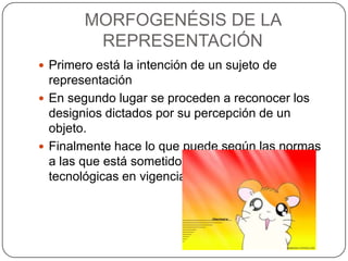 MORFOGENÉSIS DE LA
         REPRESENTACIÓN
 Primero está la intención de un sujeto de
  representación
 En segundo lugar se proceden a reconocer los
  designios dictados por su percepción de un
  objeto.
 Finalmente hace lo que puede según las normas
  a las que está sometido, a las condiciones
  tecnológicas en vigencia.
 