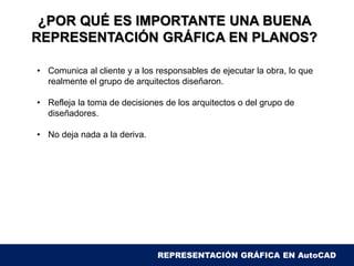 ¿POR QUÉ ES IMPORTANTE UNA BUENA
REPRESENTACIÓN GRÁFICA EN PLANOS?
• Comunica al cliente y a los responsables de ejecutar la obra, lo que
realmente el grupo de arquitectos diseñaron.
• Refleja la toma de decisiones de los arquitectos o del grupo de
diseñadores.
• No deja nada a la deriva.
REPRESENTACIÓN GRÁFICA EN AutoCAD
 
