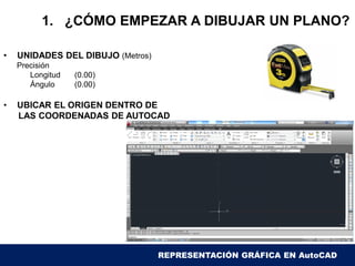 1. ¿CÓMO EMPEZAR A DIBUJAR UN PLANO?
• UNIDADES DEL DIBUJO (Metros)
Precisión
Longitud (0.00)
Ángulo (0.00)
• UBICAR EL ORIGEN DENTRO DE
LAS COORDENADAS DE AUTOCAD
REPRESENTACIÓN GRÁFICA EN AutoCAD
 