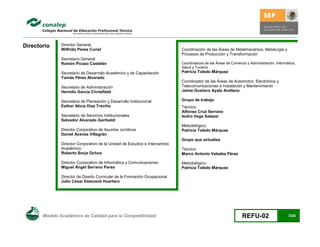 Directorio     Director General
               Wilfrido Perea Curiel                                         Coordinación de las Áreas de Metalmecánica, Metalurgia y
                                                                             Procesos de Producción y Transformación
               Secretario General
               Ramón Picazo Castelán                                         Coordinadora de las Áreas de Comercio y Administración, Informática,
                                                                             Salud y Turismo
               Secretario de Desarrollo Académico y de Capacitación          Patricia Toledo Márquez
               Tomás Pérez Alvarado
                                                                             Coordinador de las Áreas de Automotriz, Electrónica y
               Secretario de Administración                                  Telecomunicaciones e Instalación y Mantenimiento
               Hermilo García Christfield                                    Jaime Gustavo Ayala Arellano

               Secretaria de Planeación y Desarrollo Institucional           Grupo de trabajo
               Esther Alicia Díaz Treviño                                    Técnico:
                                                                             Alfonso Cruz Serrano
               Secretario de Servicios Institucionales                       Isidro Vega Salazar
               Salvador Alvarado Garibaldi
                                                                             Metodológico:
               Director Corporativo de Asuntos Jurídicos                     Patricia Toledo Márquez
               Daniel Aceves Villagrán
                                                                             Grupo que actualiza
               Director Corporativo de la Unidad de Estudios e Intercambio
               Académico                                                     Técnico:
               Roberto Borja Ochoa                                           Marco Antonio Valadez Pérez

               Director Corporativo de Informática y Comunicaciones          Metodológico:
               Miguel Ángel Serrano Perea                                    Patricia Toledo Márquez

               Director de Diseño Curricular de la Formación Ocupacional
               Julio César Estevané Huertero




       Modelo Académico de Calidad para la Competitividad                                                        REFU-02                     3/24
 