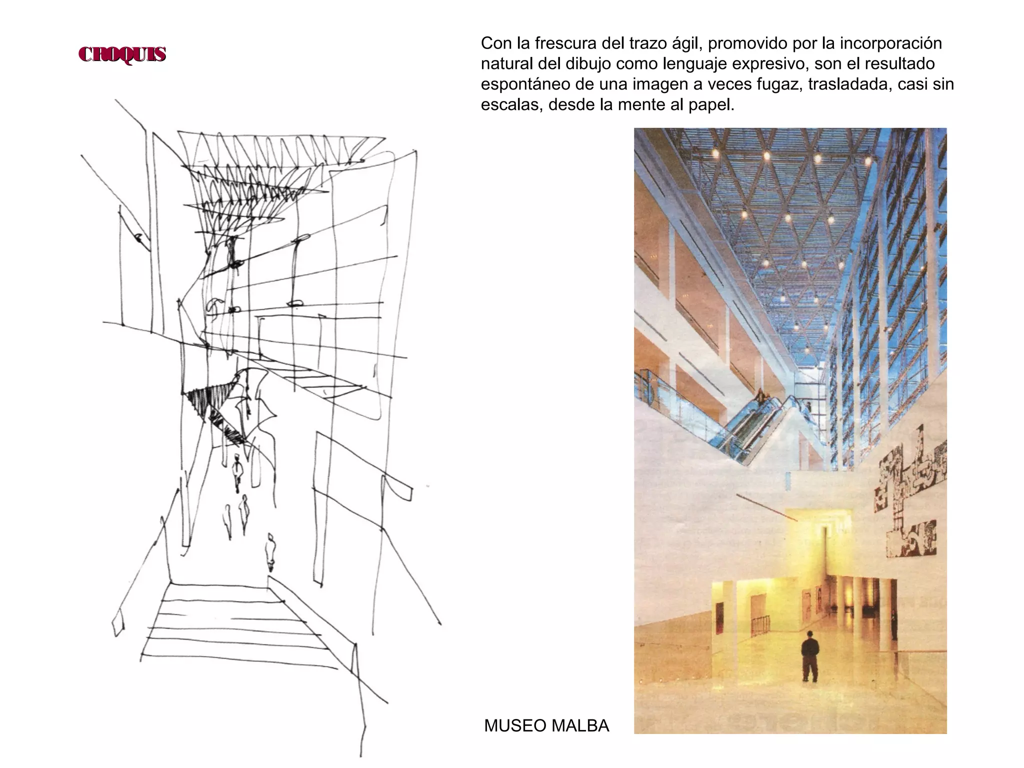 35
CROQUISCROQUIS
Con la frescura del trazo ágil, promovido por la incorporación
natural del dibujo como lenguaje expresivo, son el resultado
espontáneo de una imagen a veces fugaz, trasladada, casi sin
escalas, desde la mente al papel.
MUSEO MALBA
 